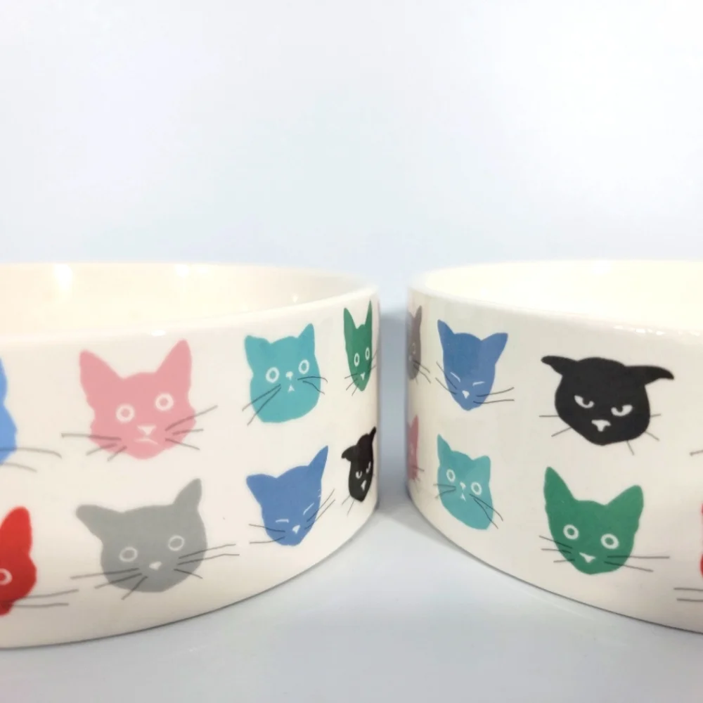 Fringe Studios California Set of 2 Cat-Themed Ceramic Bowls Colorful Cat Faces